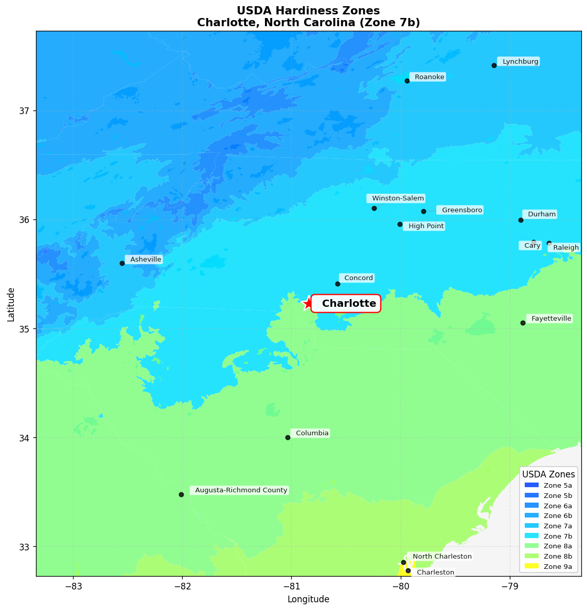 USDA Hardiness Zone Map for Charlotte, NC
